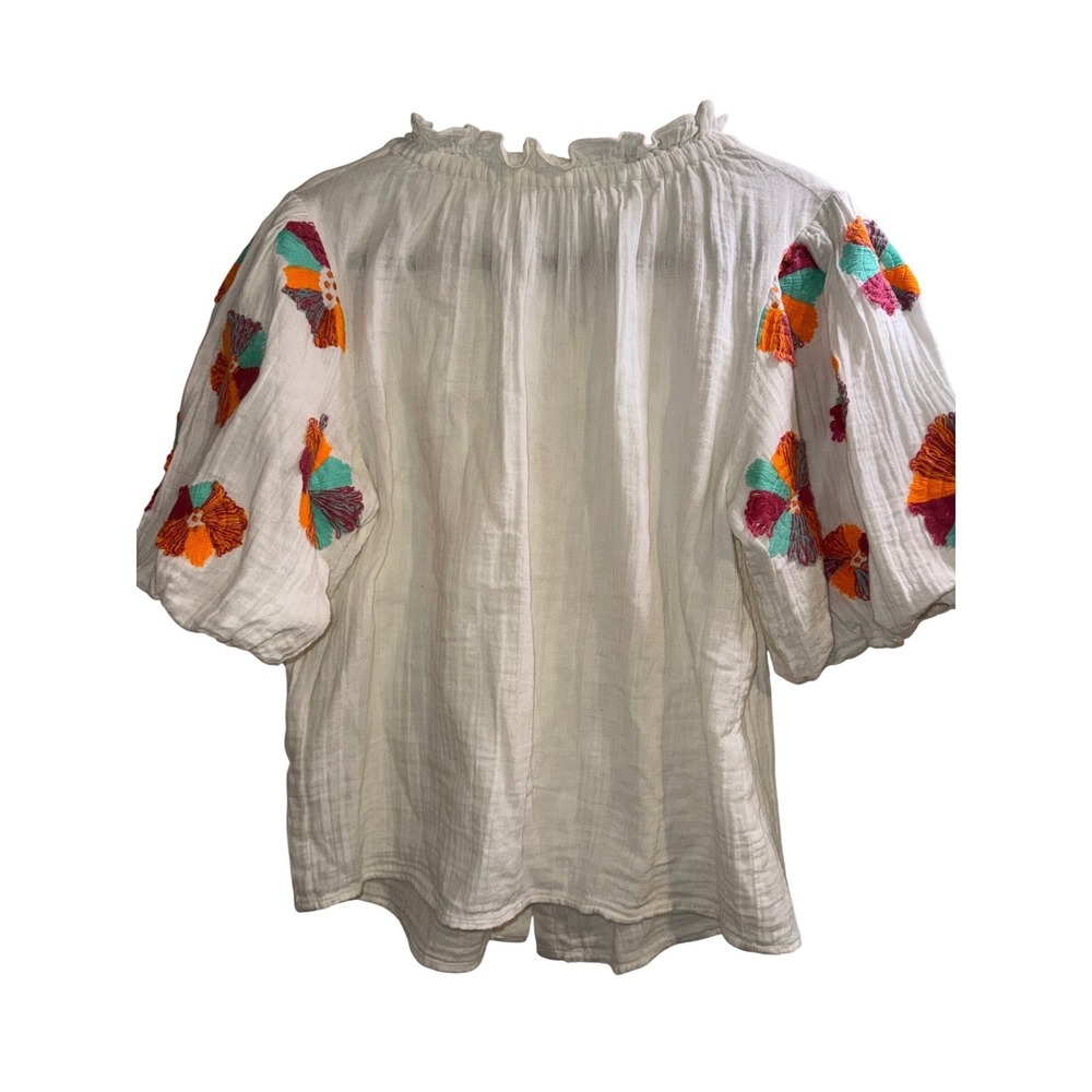 THML Sz M White Cotton Gauze Embroidered Puff Sleeve Blouse Top